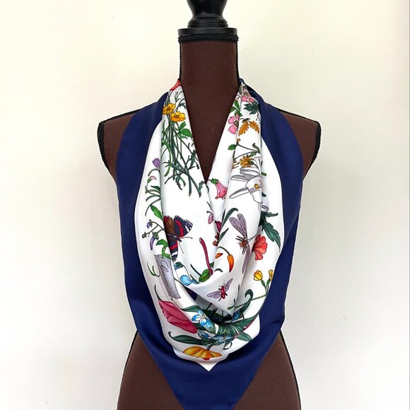 Gucci Silk Wrap Flora 1 Print Multicolor Blue Border Scarf - Picture 10 of 16